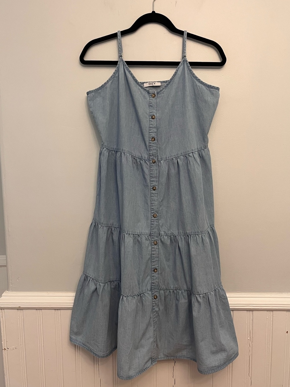 Blue Denim Button Front Tiered Sundress, Size Large